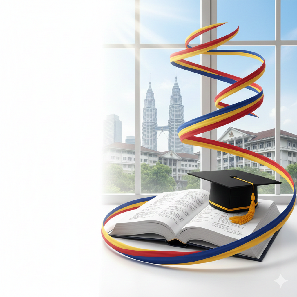 一张具有现代感和教育氛围的文章封面图。背景融合了吉隆坡双子塔的剪影与马来西亚顶尖大学的校园建筑。中心位置放置一本打开的书籍和一顶博士帽，周围环绕着象征马来西亚国旗色彩的红、蓝、黄丝带。画面采用明亮的自然光，构图平衡，左侧留白方便添加文字标题，整体色调专业且充满活力，体现马来西亚出国留学需要什么条件的主题。
