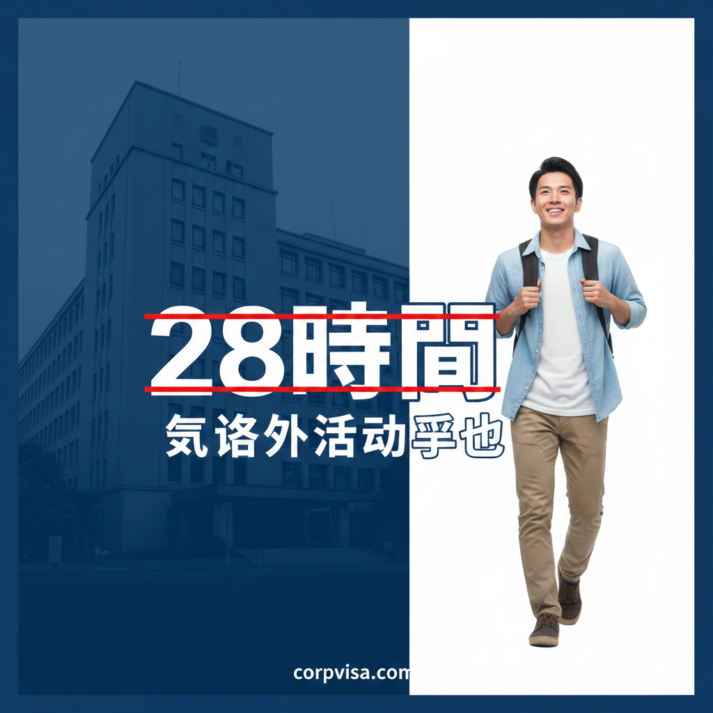 一张具有专业法律感的封面图。背景左侧是日本出入国在留管理庁办公大楼的写实剪影，右侧是一名背着书包、展现积极形象的亚洲留学生。画面中央使用醒目的中日双体文字标出‘28时间’和‘资格外活动许可’。色调采用深蓝色与白色，传递权威、法律和信任感。构图采用左右对开式，光线柔和，重点突出法律红线的主题。