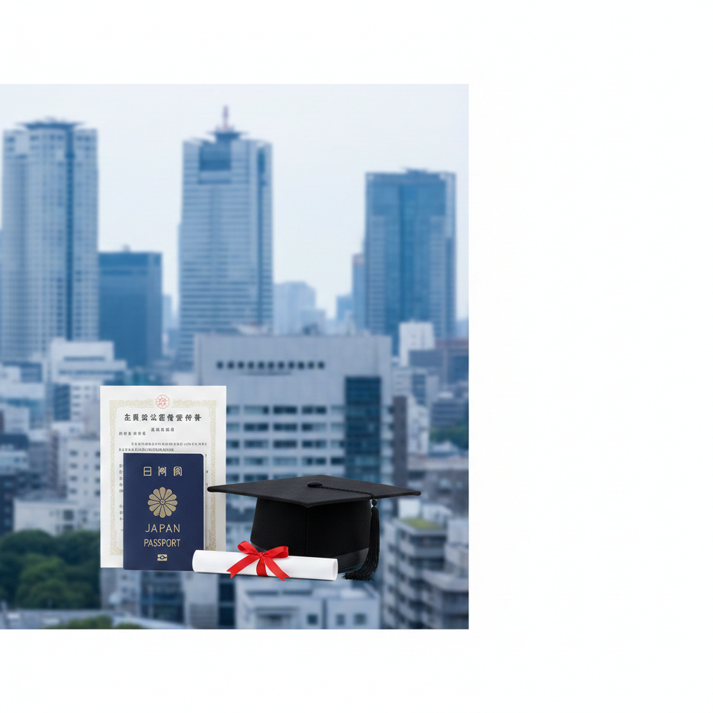 一张专业且具有现代感的封面图。画面背景是模糊的东京摩天大楼和日本出入国在留管理庁大楼的远景，前景清晰展示一本日本护照、一份带有‘在留資格認定証明書’字样的公文，以及一顶博士帽或毕业证书卷轴，象征学历与签证的关联。色调采用深蓝色和白色，整体构图平衡，文字留白区域充足，展现出权威性和职业感。