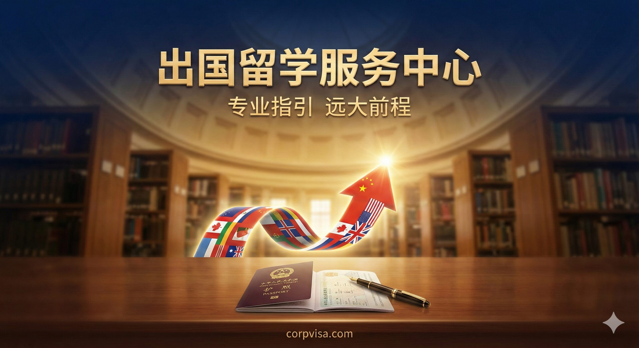 一张富有专业感和希望感的图片作为封面。画面中央是一个由多国国旗元素抽象构成的、指向光明的箭头或路径，象征留学之路。前景放置一本打开的护照和一支钢笔，背景是模糊的全球化城市天际线或一座宏伟的大学图书馆。整体采用冷静的蓝色和金色调，强调信任、专业和成功。图片焦点集中在“出国留学服务中心”提供的明确指引和远大前程。