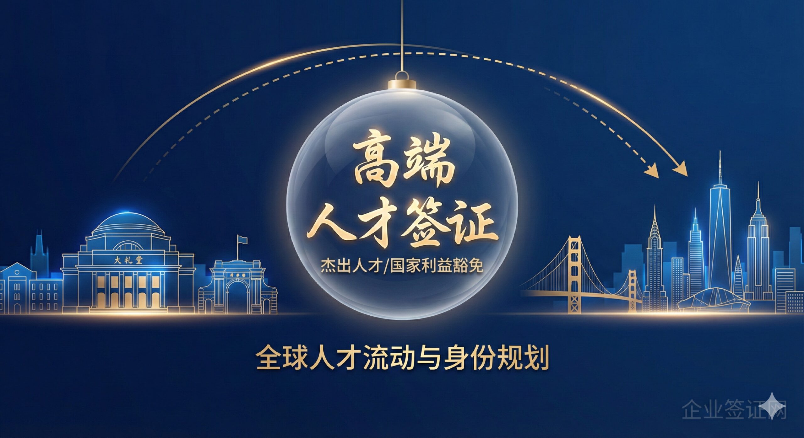 图片应以“全球人才流动”为核心概念，采用深蓝色和金色调，展现专业和高端感。主要元素包括：清华大学标志性的建筑（如大礼堂）与美国硅谷或纽约的天际线剪影，两者之间用一条象征着“流动”的金色虚线连接。构图上，将清华元素放在左侧，美国元素放在右侧，中间有一个放大的透明玻璃圆球，球内是“EB-1A/NIW”的文字标识，象征着关键的“身份规划”选择权。整体风格应是冷静、专业、宏大叙事。
