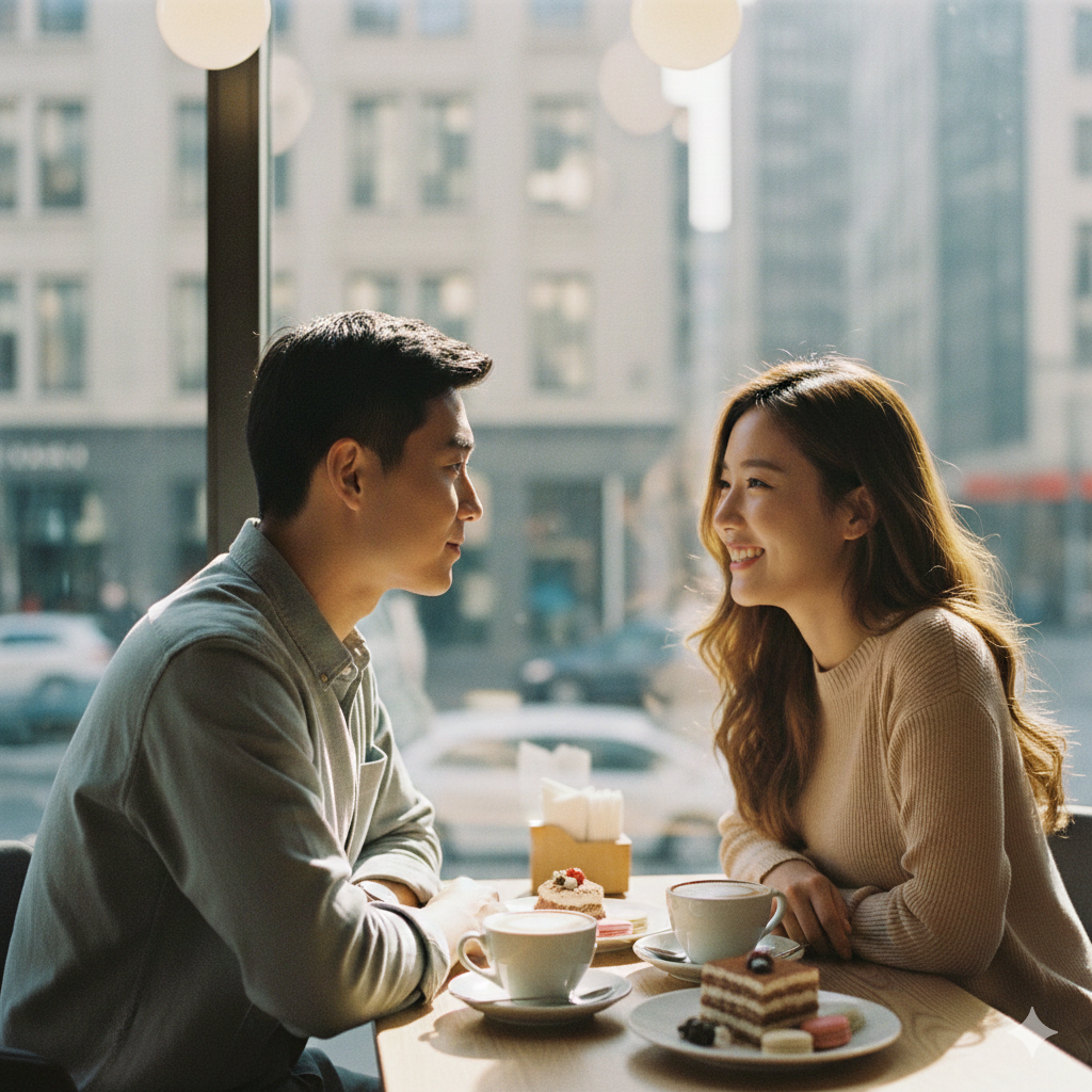 这张功能图片描绘中韩跨国情侣在城市咖啡厅互动的温馨场景。画面中，中国男友与韩国女友正在愉快交谈，桌上摆放着精致的甜点与咖啡。摄影风格采用温暖的电影感色调，构图上强调两人的情感连接与和谐氛围，体现出跨国恋爱中甜蜜、高颜值的互动特色。