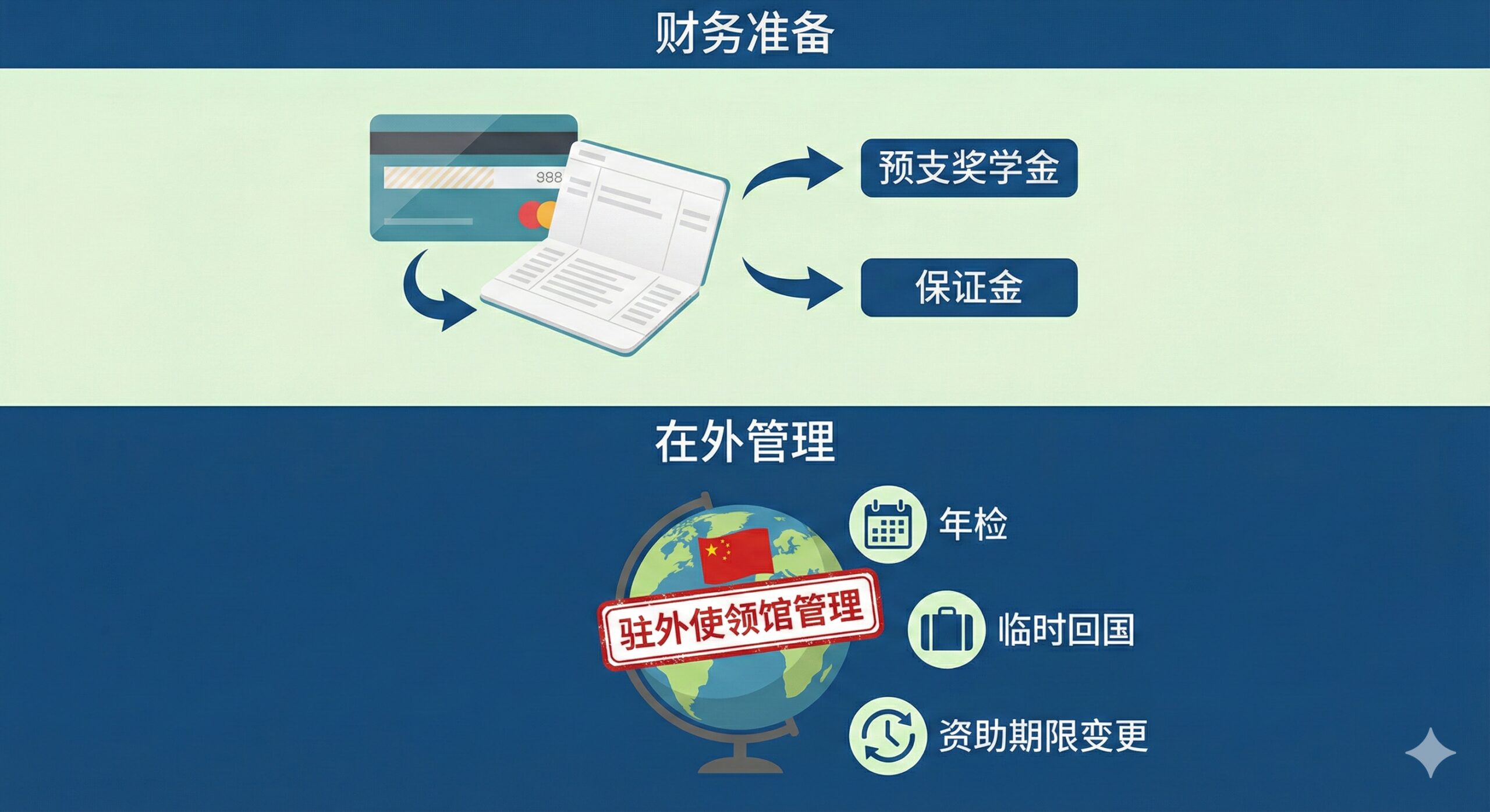 一张关于财务准备和在外管理的总结性图片。画面应分为上下两部分：上半部分是财务环节，展示一张信用卡或银行存折图标，旁边有代表资金流的箭头和“预支奖学金”及“保证金”的标签。下半部分是管理要求，一个地球模型上覆盖着一个印有五星红旗的印章或盾牌，象征驻外使领馆的管理。周围环绕着“年检”、“临时回国”和“资助期限变更”的微小图标。整体色调稳重，如深蓝与浅绿搭配，旨在传达公派留学人员的权利与义务，以及资金安全保障。