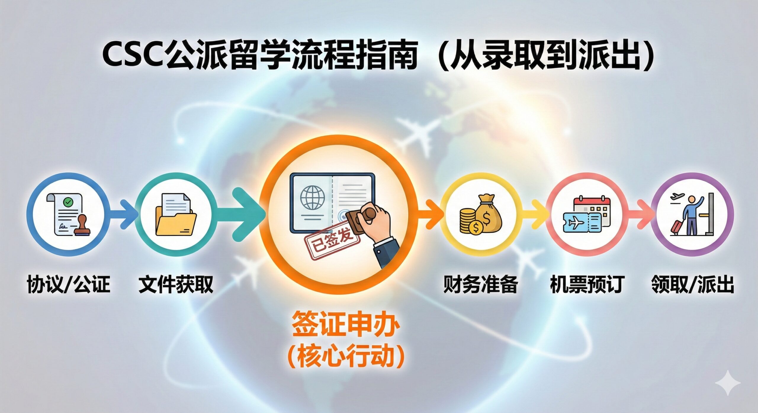 一张清晰流程图/时间轴信息图，展示CSC公派留学从“录取”到“派出”的六个关键步骤。使用箭头连接的六个彩色节点，分别代表：协议/公证、文件获取、签证申办、财务准备、机票预订、领取/派出。特别突出第三个节点“签证申办”并使用放大或亮色（如橙色）标记为“核心行动”，并用一个签证官盖章的图标或护照的元素来强化其重要性。整体风格简洁、数据可视化强，帮助用户快速理解繁杂的步骤和时间顺序。背景可有虚化的地球和飞机航线图。