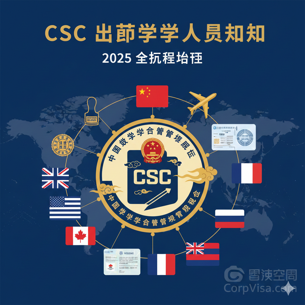 设计风格为专业、可靠的商业扁平化设计，色调以象征权威和专业的深蓝、金色为主。图片中央是一个醒目的、融合了中国传统云纹和现代护照元素的CSC徽章或图标，周围环绕着公证文件、签证贴纸、飞机模型和象征国家留学的旗帜。标题文字“CSC 出国留学人员须知”和“2025 全流程指南”以简洁有力的字体排布，强调一站式服务的专业性，适合作为文章的开篇视觉。构图上，核心元素居中，周围信息图表化。突出CorpVisa的标志（可虚化或以水印形式体现）。