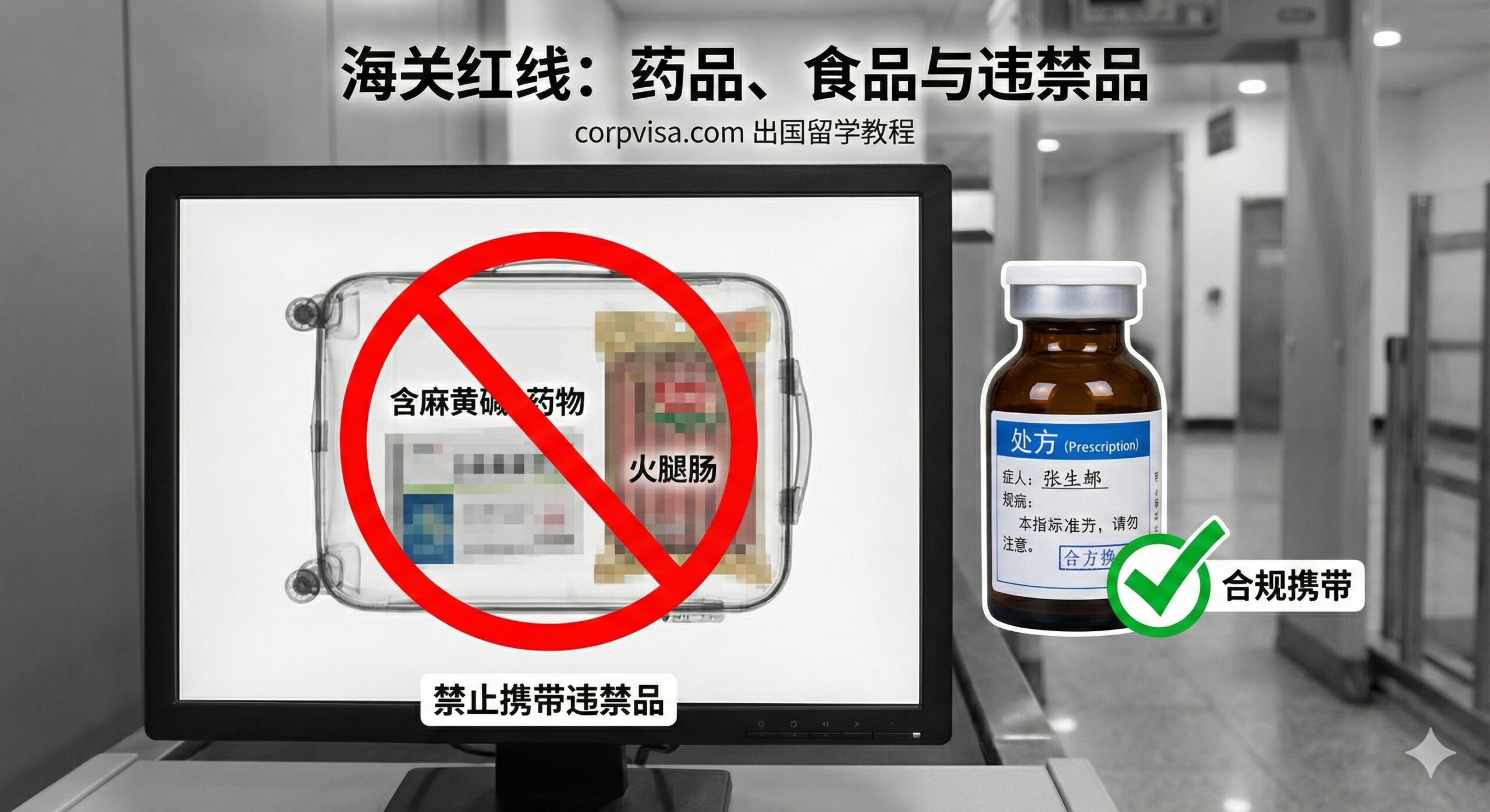 图片用于强调“海关红线：药品、食品与违禁品”部分的指导作用，特别是药品合规携带。画面主体应是X光机扫描下的一个行李箱局部，突出显示禁止携带的物品。一个红色的警示标志（例如一个大的❌符号）覆盖在含有麻黄碱成分的感冒药和火腿肠等违禁品的图像上。旁边有一个小药瓶，附带一张清晰的英文处方（Prescription）标签，表示“合规携带”。背景应是海关通道的灰色调，强调严肃性。整体风格应是简洁、高对比度的警示信息图。