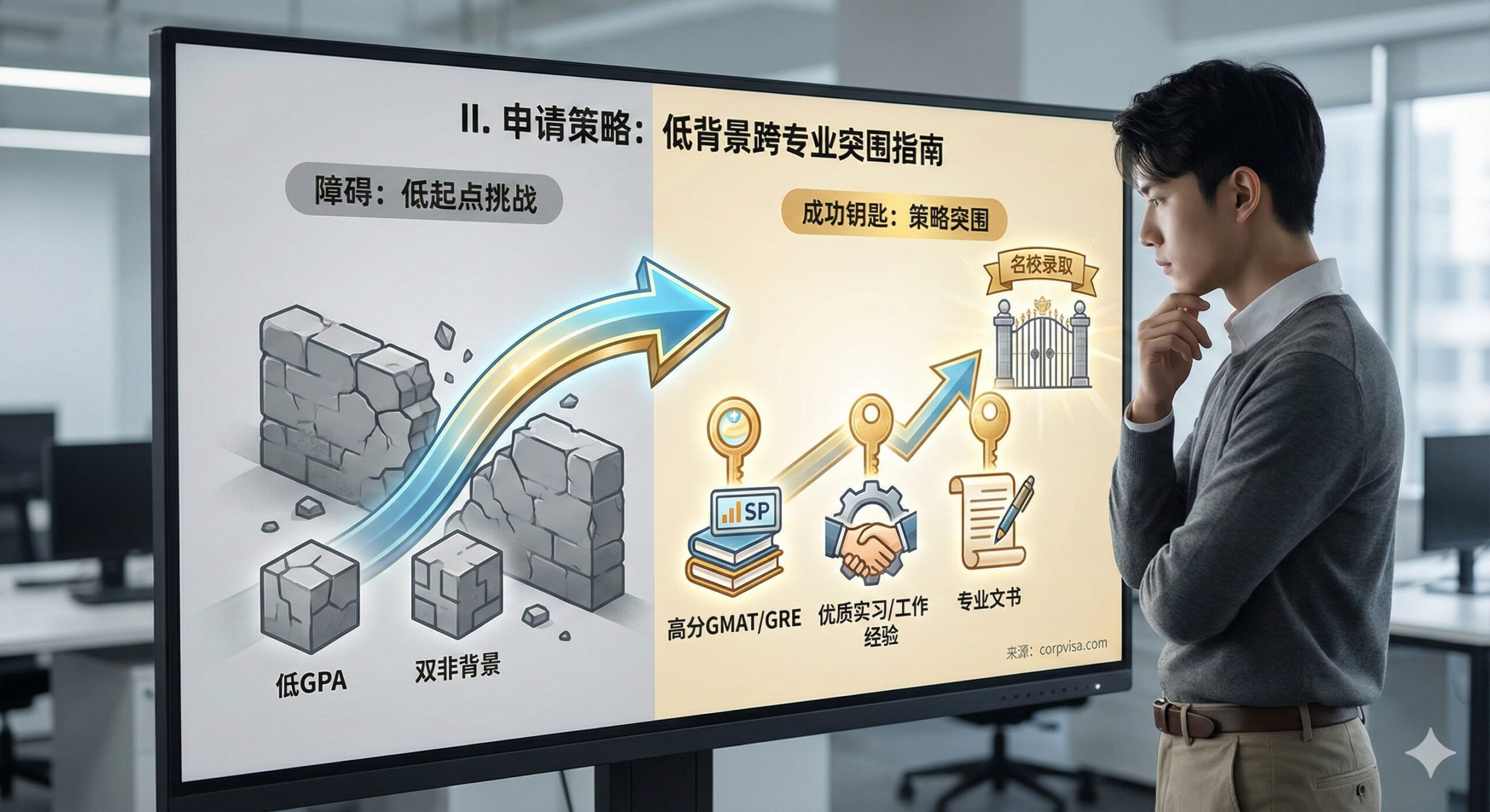 图片用于 II. 申请策略部分，指导低背景和跨专业申请者如何突围。画面应展示一位专业人士（学生或职场人）正在认真研究一个多元素信息图：左侧是“低GPA”和“双非”的抽象障碍，右侧是“GMAT/GRE高分”、“优质实习/工作经验”和“专业文书”的成功钥匙。色彩对比鲜明，障碍部分偏灰，解决方案部分明亮。构图应突出解决问题的步骤和策略性，例如，一个带有箭头指示的背景提升路径。