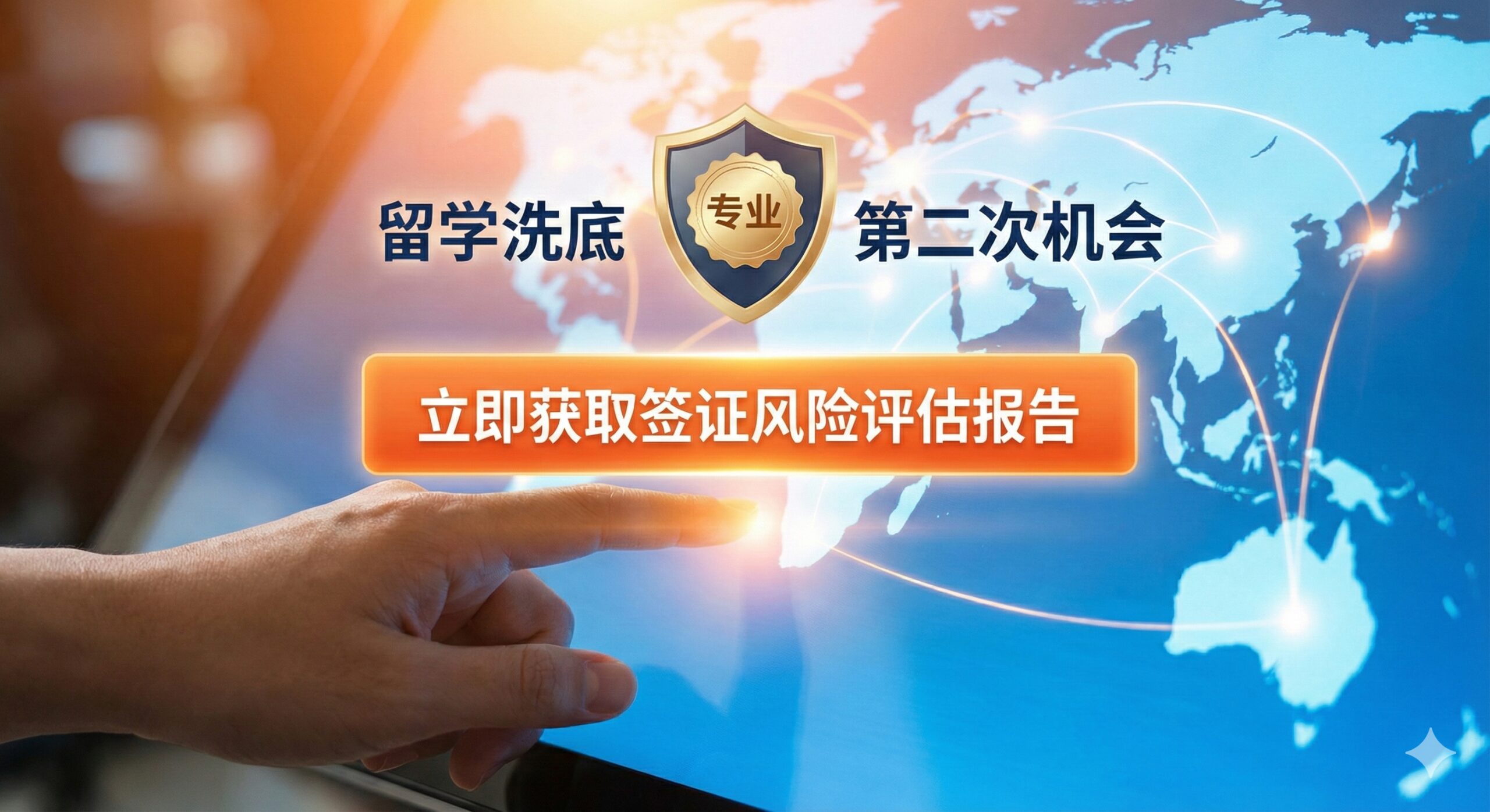 图片作为行动号召和总结。画面中心是一个明确的行动按钮或手部点击触屏的动作，按钮上写着'立即获取签证风险评估报告'，强调文章末尾的咨询服务。背景是模糊的全球地图，上方有CorpVisa的专业Logo（或象征专业的盾牌/公章），以及'留学洗底'、'第二次机会'等鼓舞人心的口号。整体色彩充满活力和积极性，如橙色或亮蓝，传达'与其纠结，不如行动'的积极情绪。