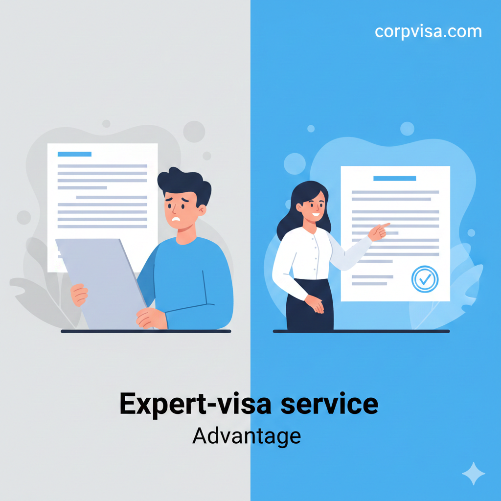 A split-screen image illustrating the advantage of professional help. One side shows a confused student looking at complex legal forms, while the other side shows a friendly corpvisa.com expert consultant pointing at a clear approval stamp on a document. The colors transition from stressful grey tones to successful bright blue tones. The composition emphasizes reliability, authority, and the peace of mind provided by expert guidance.