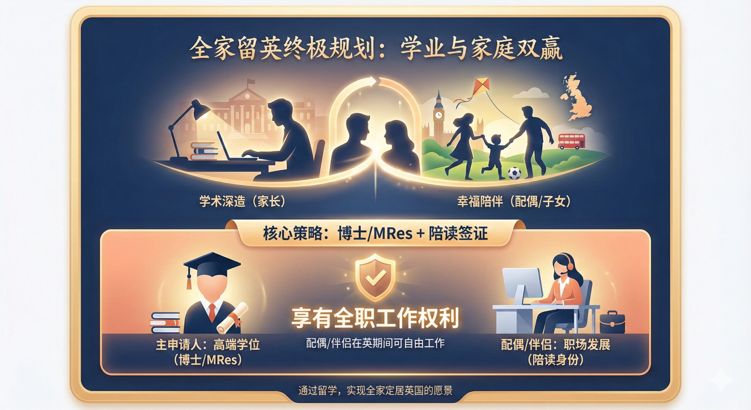 总结家庭陪读和夫妻/伴侣“双打”模式的高端规划。画面元素包含一个家庭的温馨剪影（父亲/母亲在学习，配偶/孩子在英国玩耍），旁边有一个小小的英国地图轮廓。重点突出“博士/MRes + Dependent Visa”策略，用两个并列的人形图标，一个戴着学士帽，另一个在办公桌前工作，上方用文字或图标强调“全职工作权利”。整体色调温暖、积极，象征通过留学实现全家留英的愿景，作为文章“终极目标”的完美总结。