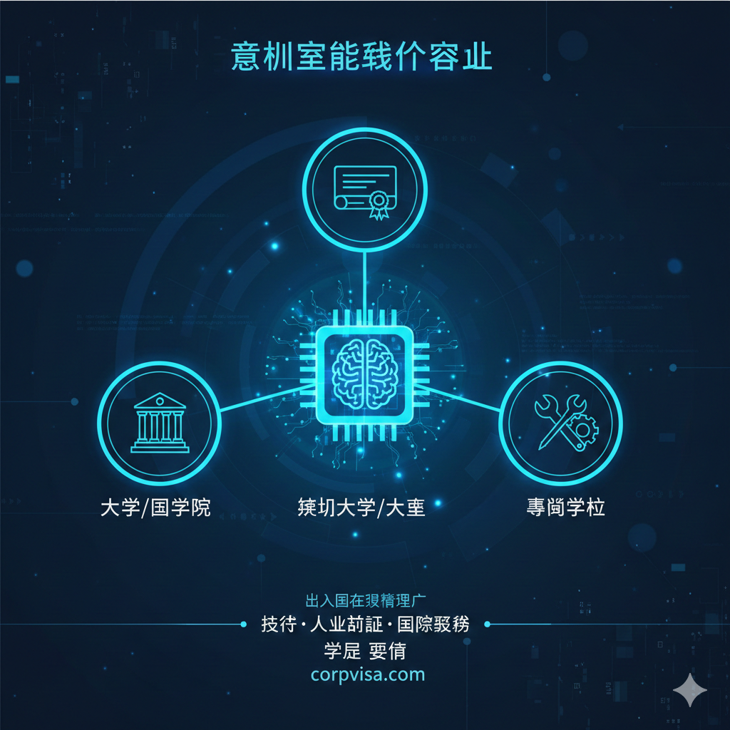 一张具有科技感的信息图，展示日本‘技术·人文知识·国际业务’签证的三大核心功能分类。画面中心是一个发光的芯片或大脑，向外延伸出三个分支：‘大学/大学院’、‘短期大学/大专’、‘专门学校’。每个分支配有代表性的图标（如图书馆、证书、技能工具）。色彩使用充满活力的蓝色和青色，背景带有微弱的数据流元素，强调审查的专业性。