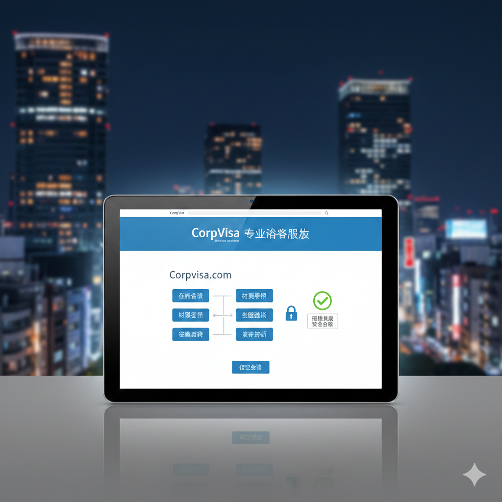 功能展示图。画面中心是一个现代化的平板电脑，屏幕上清晰显示着corpvisa.com的签证办理流程图。背景是模糊的东京繁华街道，体现地域属性。图像中融入了锁形图标和绿色的勾选标志，象征着信息的真实性与合规性。色彩以商务蓝和白色为主，构图简洁且具有科技感，重点突出专业咨询功能。