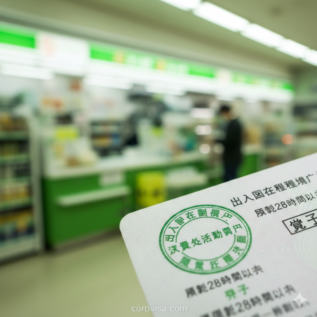 展示留学生在留卡背面的局部特写，清晰显示‘资格外活动许可’的印章内容。图片采用微距摄影风格，焦点位于在留卡的许可印章上。背景经过虚化处理，隐约可见打工场所的剪影（如便利店或餐厅），以此强调‘合法打工’的功能属性。色彩明亮，使用绿色调暗示‘许可’与‘合规’。