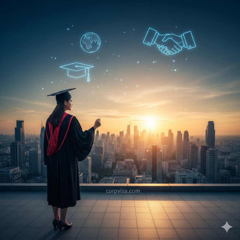 A summary image depicting a successful graduate in a cap and gown standing in a modern global business district, looking toward a bright horizon. In the sky, faint digital icons of a globe, a graduation cap, and a professional handshake are visible, symbolizing the ultimate goal of studying abroad. The style is inspirational and grand, with a sunset sky in shades of orange and deep blue, signifying the successful completion of an educational journey.