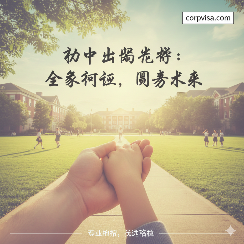 一张寓意全家规划与未来成功的总结性图片。画面展示一双温暖的手（象征家长与顾问）牵着孩子的手，走向远方充满阳光、绿草如茵的海外中学校园。画面上方叠加一层淡雅的复古滤镜，色调和谐温馨。构图由近及远，象征着从现在的留学规划到未来的名校录取，体现出全家参与、专业护航后的圆满结果，给读者留下深刻的心理慰藉。