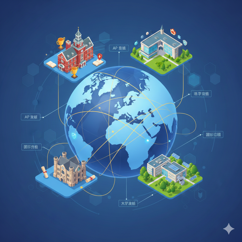 一张精美的3D等距视角插画，用于展示主要留学国家的教育体系对比。画面中心是一个风格化的地球仪，美国、英国、加拿大和澳洲板块被高亮显示。每个国家上方悬浮着代表其教育特色的微缩3D模型：美国的常春藤红砖建筑、英国的古典城堡式学院、加拿大的现代化玻璃校园以及澳洲的绿色生态校园。连接各国的线条构成了全球教育网络，周围漂浮着微小的“AP”、“A-Level”、“IB”字样标签。背景采用科技感的渐变蓝，风格简洁清晰，适合用于解释复杂的教育体制差异。