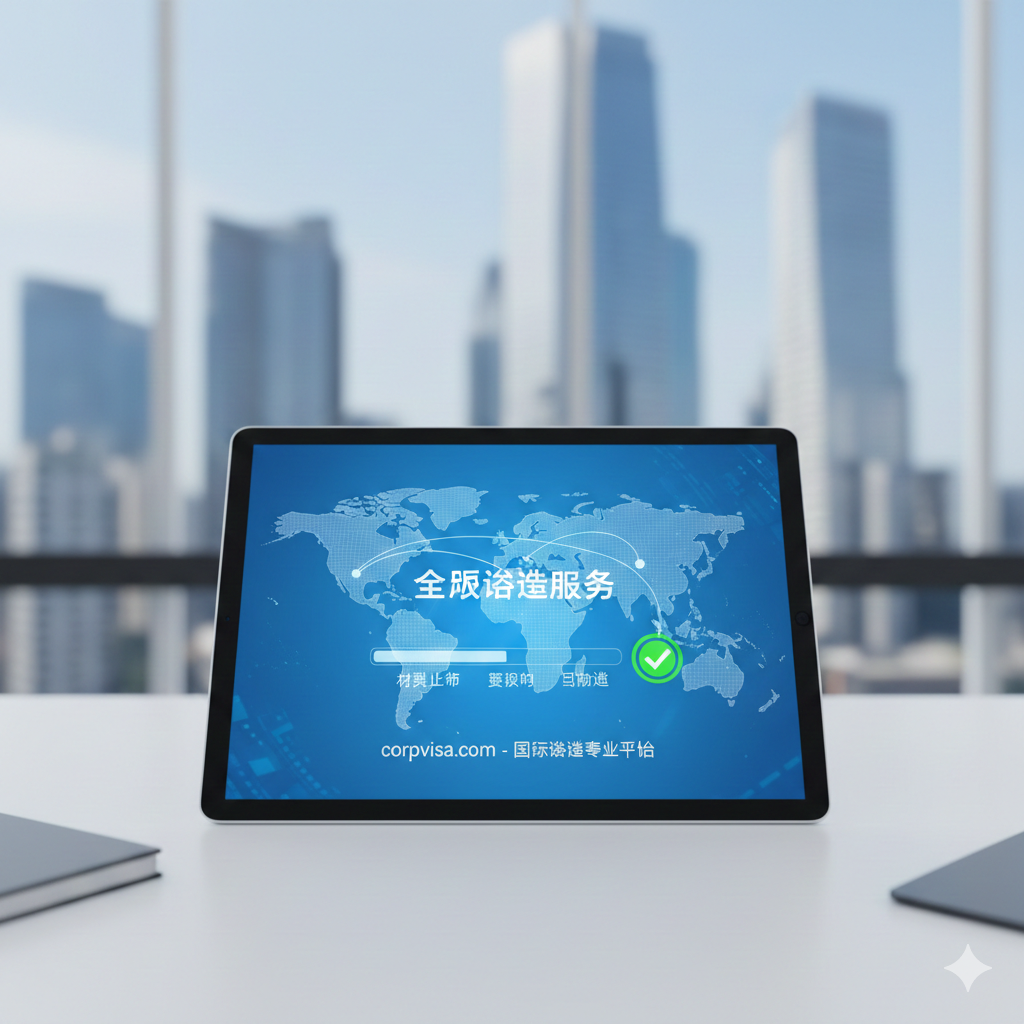 展现高效数字化签证申请流程的功能示意图。画面呈现一个现代化的办公场景，亮洁的桌面上有平板电脑显示着全球地图和签证进度条。背景是模糊的现代化摩天大楼。色彩以科技蓝和专业白为主，点缀绿色的‘通过’图标，构图极简且富有逻辑感，体现出corpvisa平台处理国际业务的专业度与安全性。