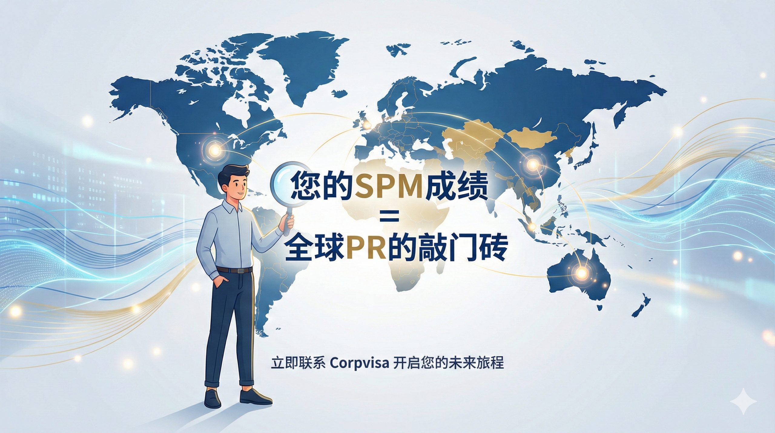 一张世界地图的简约风格插画，强调全球机遇和行动号召。地图上突出显示英国、澳大利亚和新加坡等热门留学目的地，用发光的点标记。一位年轻的SPM毕业生形象站在地图前，手上拿着一个放大镜，正在审视这些目的地。图中央加入一个醒目的文字标签：'您的SPM成绩 = 全球PR的敲门砖'。背景是抽象的数据流线，象征信息的流动和未来的无限可能，鼓励读者采取行动联系Corpvisa。