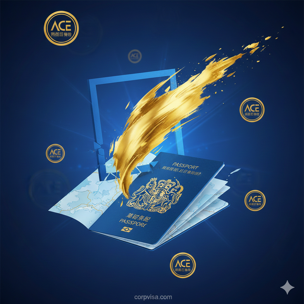 图片核心展示Global Talent Visa的核心特性——自由与机会。主体是一个象征艺术创作自由的元素，如一支冲破画框的画笔、或一团挣脱束缚的火焰，与一个带有英国永居标志或护照的抽象图形相结合。色彩明亮，以蓝、金为主色调，突出“蓝海策略”的概念。背景可隐约浮现ACE（Arts Council England）的Logo或象征ACE认可的印章，强调无需雇主担保的独特优势。