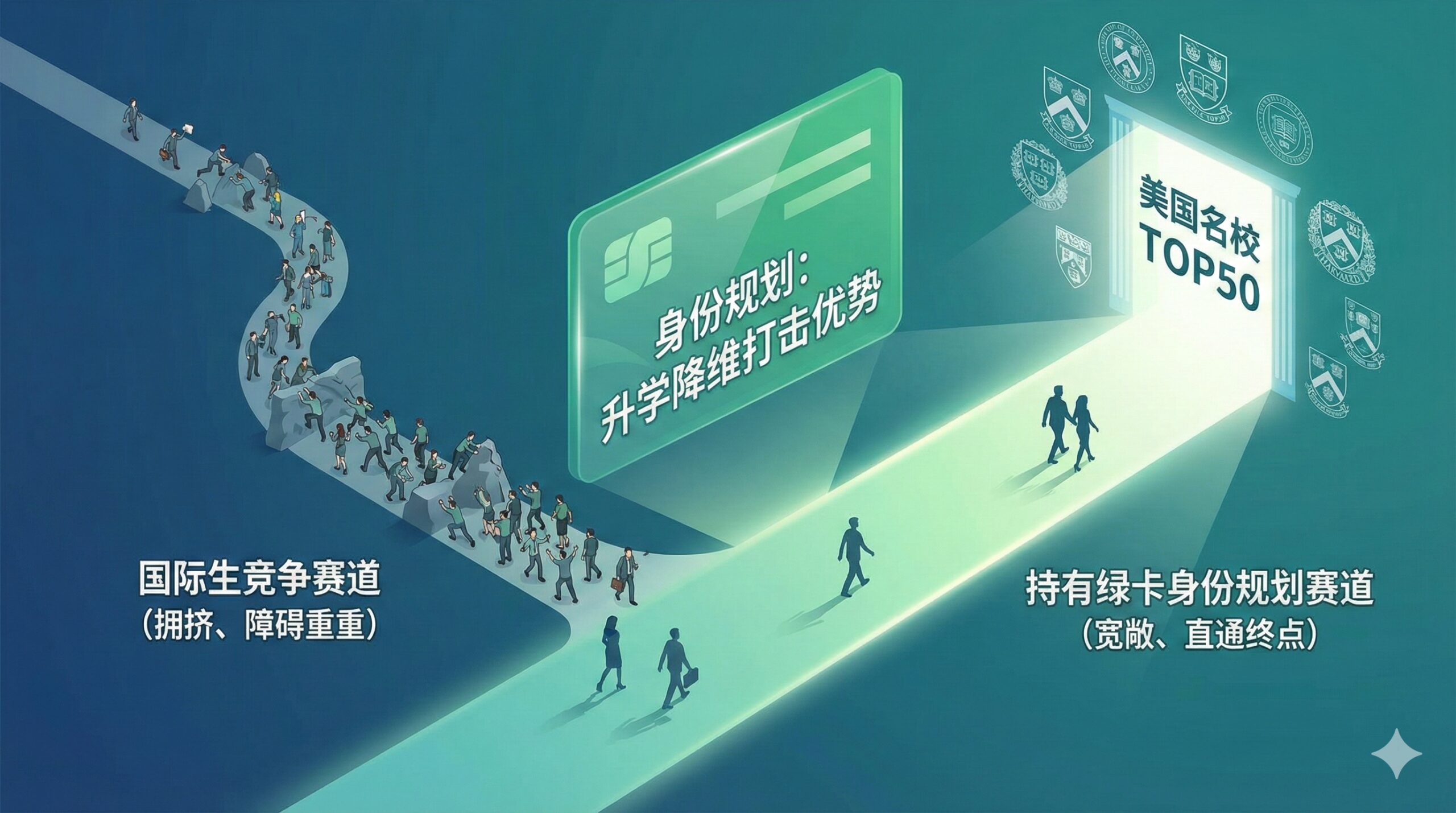 概念性插画，展示'身份规划'在升学中的降维打击优势。画面设计了两条赛道：一条拥挤且充满障碍（代表国际生池），另一条宽敞且直通终点（代表持有绿卡的本地生池）。终点是美国名校的校徽集合。色彩采用充满希望的蓝绿色调，强调绿卡身份对于进入Top50名校的高成功率，视觉上极具说服力。