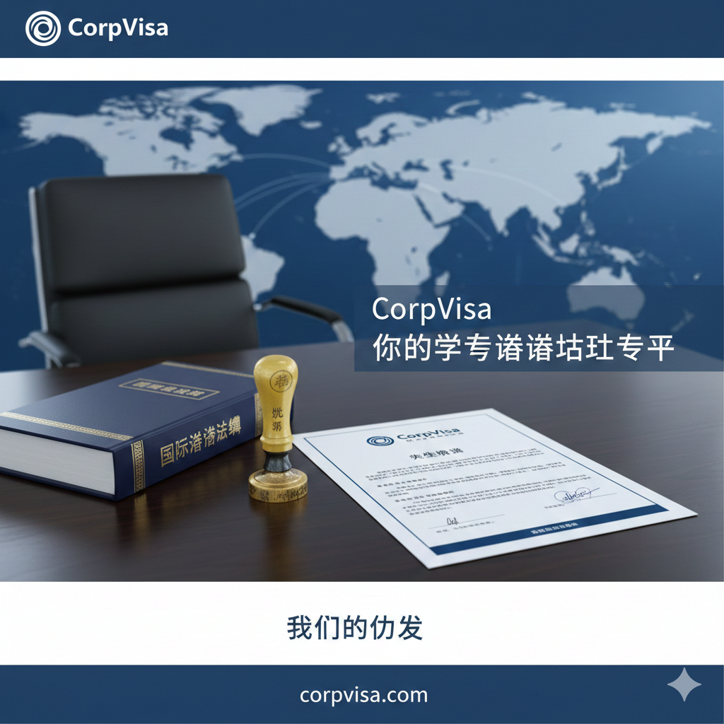 体现CorpVisa在签证法律咨询领域的专业优势。画面展示一张整洁的办公桌，上面放着一本厚实的法律文献、一枚专业的签章以及一份带有CorpVisa标志的获签合同。背景是模糊的全球地图，体现国际化视野。色调偏向沉稳的商务蓝与白色，传达出机构的严谨、合规与极高的风险控制能力，建立用户信任感。