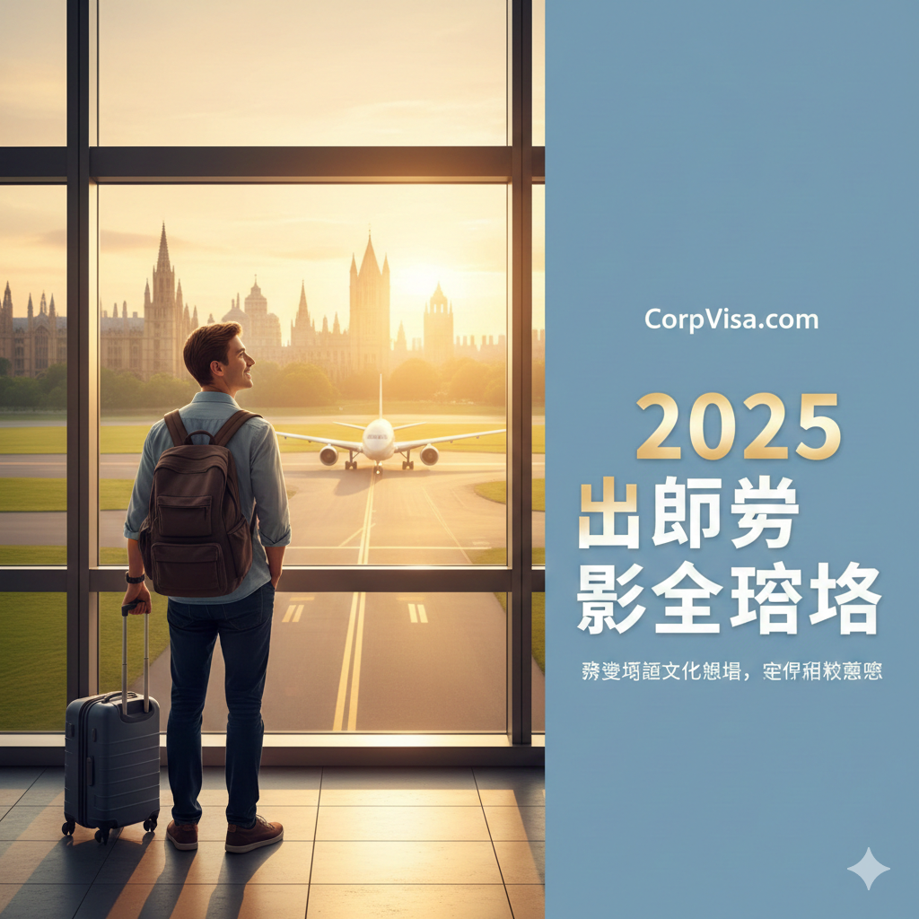 一张富有感染力的封面大图。画面中心是一名意气风发的学生带着行囊站在国际机场的落地窗前，远景是起飞的飞机和朦胧的世界名校剪影（如剑桥大学或哈佛大学建筑风格）。光影呈现温暖的日出金色调，象征希望与起点。构图采用三分法，右侧留白方便添加‘2025出国留学全攻略’等文字。色彩明亮、高端，展现CorpVisa专业的品牌调性。