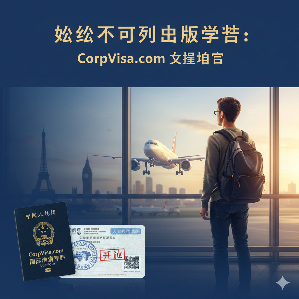 一张充满希望与国际视野的高清摄影图片，作为文章封面。画面中心是一位背着双肩包的年轻学生站在现代化的机场落地窗前，眺望窗外即将起飞的飞机，寓意启程。背景巧妙地融合了世界各地的地标建筑剪影（如埃菲尔铁塔、大本钟、自由女神像），采用虚化处理。前景左侧清晰展示一本护照和一张带有'Approved'印章的签证页，强调CorpVisa的专业签证属性。整体色调为专业蓝与温暖的晨曦金相结合，光线明亮柔和，构图中心留白以便放置文章标题。