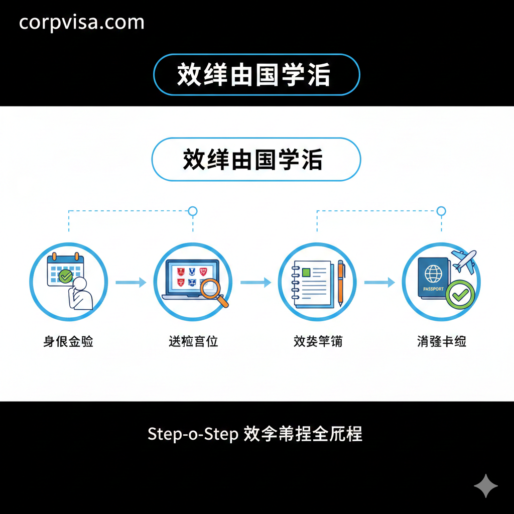 一张清晰直观的留学申请时间轴流程图。采用矢量插画风格，从‘自我评估’、‘选校定位’、‘文书撰写’到‘签证申请’，每个阶段由虚线连接。画面中包含日历、笔记本电脑和确认打钩的图标。色彩对比鲜明，以逻辑性的排版展示‘Step-by-Step’的教学感，帮助用户一眼理解复杂的留学准备全流程。