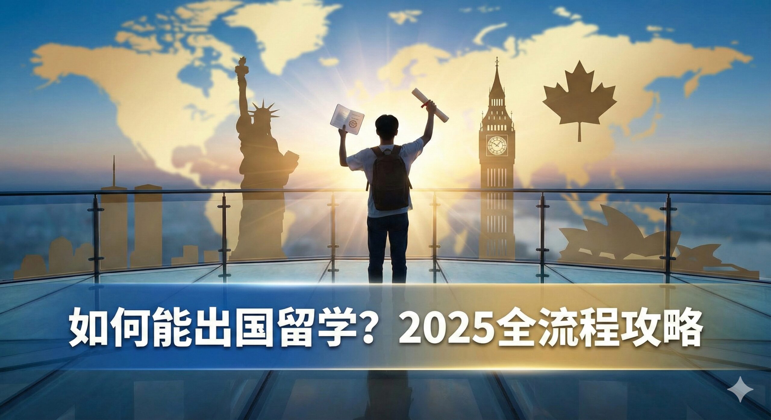 图片应以一个宏大、充满希望的场景作为封面。主体是一个手持护照和录取通知书（Offer letter）的年轻亚洲学生，站在一个高处俯瞰着全球著名地标的剪影（例如：自由女神像、伦敦大本钟、悉尼歌剧院、枫叶等，象征留学目的地）。色彩采用明亮的蓝、金色调，体现专业和成功的寓意。构图采用三分法，将学生放置于前景，背景是模糊而广阔的世界地图和地标剪影。底部有一个醒目的标题覆层：“如何能出国留学？2025全流程攻略”。风格应是专业、现代、励志的商业插画或高质量摄影。