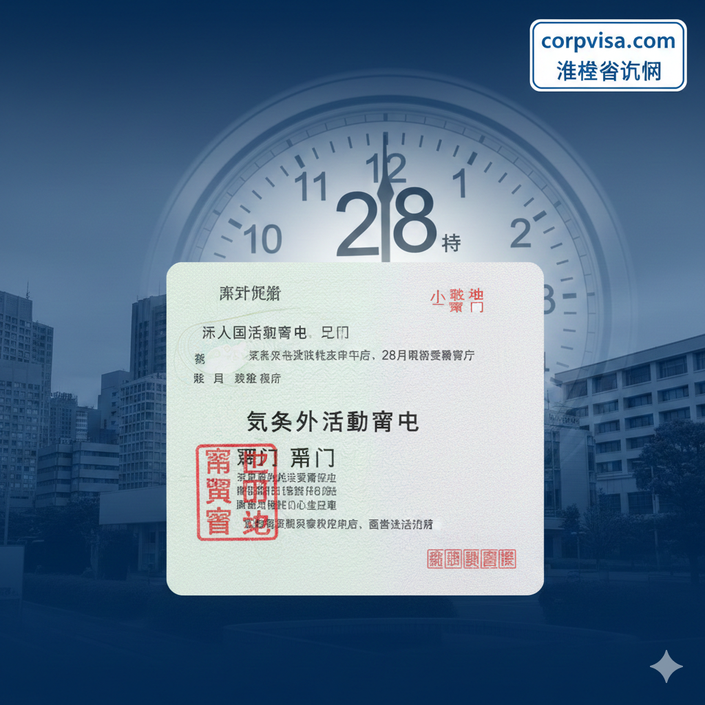 一张具有权威感和专业性的封面图片。画面中心展示一张日本在留卡（Residence Card）的背面特写，重点聚焦于下方的‘资格外活动许可’盖印区域。背景融合了日本出入国在留管理庁的模糊建筑轮廓和时钟元素，时钟指针指向28的位置，象征着每周28小时的铁律。色调采用代表法律与信任的深蓝色和白色，整体风格严谨、清晰，适合专业的签证咨询网站。