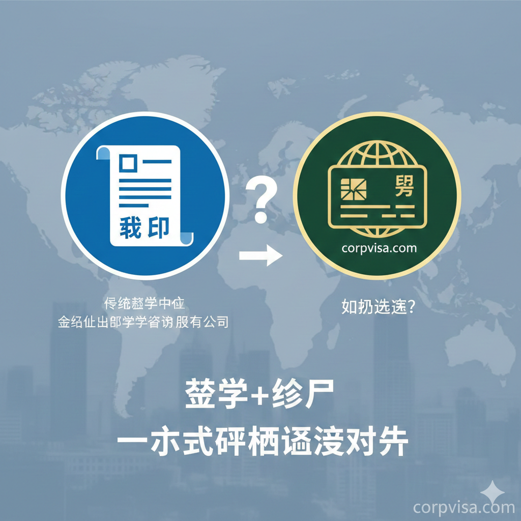 一张富有专业感和对比张力的封面图。画面中央是两个并列的图标，左侧代表'传统留学中介'（如金吉列），使用蓝色调，图标为一个大学录取通知书（Offer）的抽象图形，表达'留学起点'；右侧代表'corpvisa.com'，使用深绿色或金色调，图标为一个地球/世界地图与永居卡（PR Card）的组合图形，表达'移民终点'。中间用一个醒目的问号或箭头表示'如何选择'，下方中文标题突出'留学+移民 一站式规划'的深度对比，整体风格现代、清晰，强调策略规划的重要性。