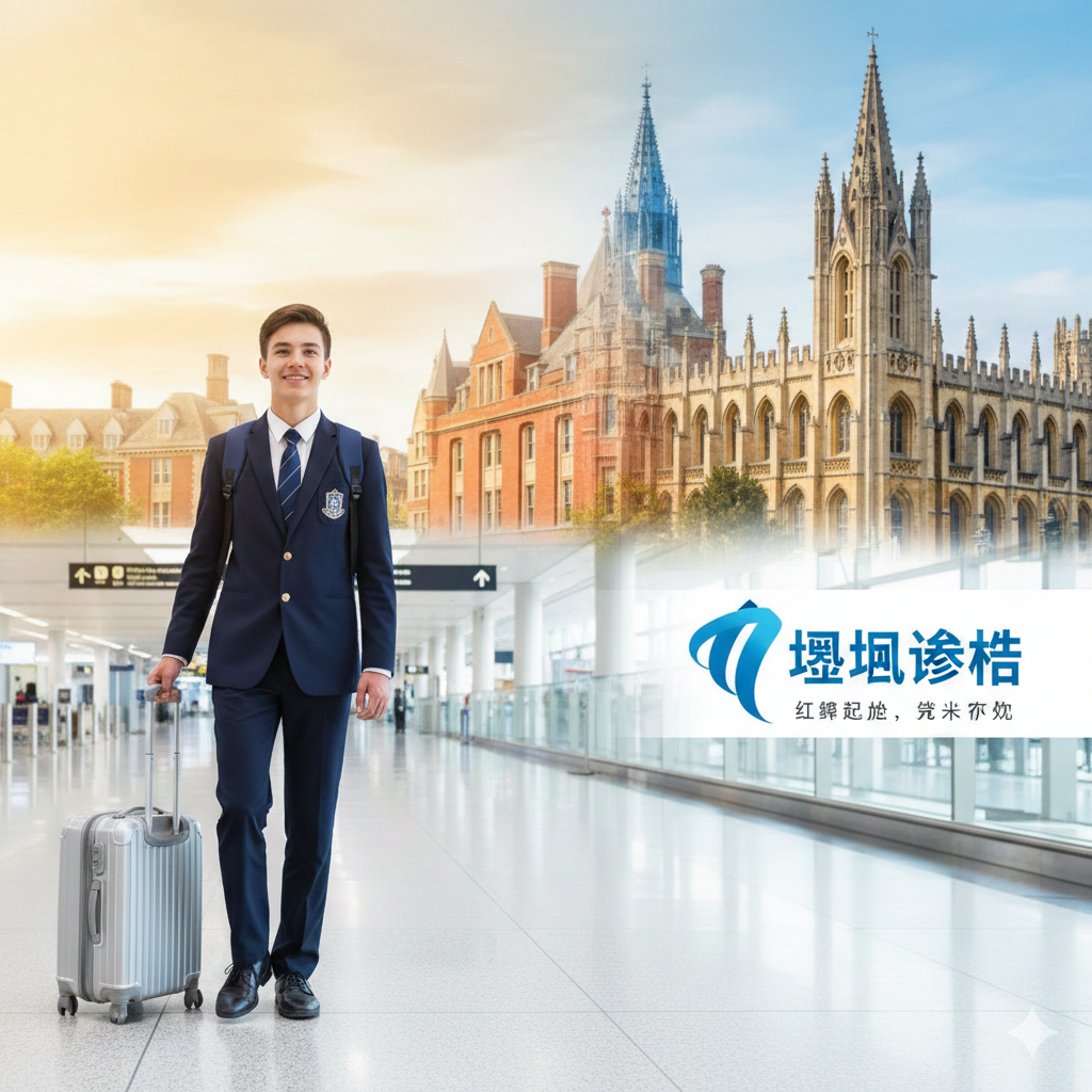 一张充满希望与未来感的封面图。画面中心是一名穿着整洁校服、背着书包的初中生，自信地推着行李箱行走在现代化的国际机场或著名的海外中学校园背景下。背景融合了美国哈佛红、英国剑桥蓝等名校元素。色彩明亮、温暖，光影柔和。构图采用三分法，右侧留白处隐约可见corpvisa.com的品牌质感logo，展现初中出国留学的精英起航感。