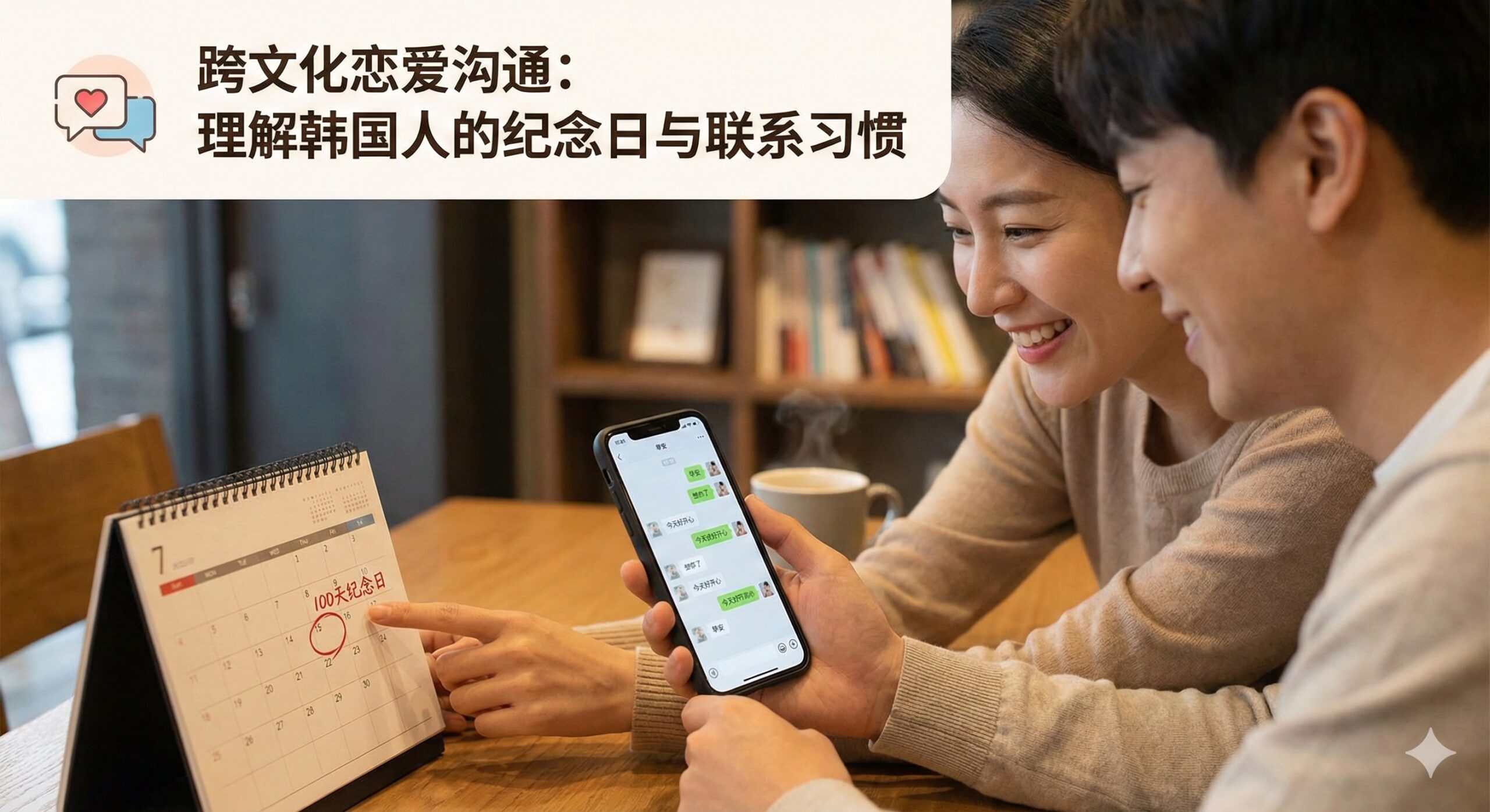 一张聚焦于跨文化沟通细节的特写图片。画面中是一对情侣坐在温馨的室内，桌上放着日历（上面圈出了‘100天纪念日’）和手机。韩国一方正开心地向对方展示手机上的内容，表现出频繁联系和重视纪念日的文化特征。图片风格温馨细腻，捕捉眼神交流和肢体语言，旨在教导读者如何理解韩国人的恋爱习惯和文化差异，建立深厚关系。