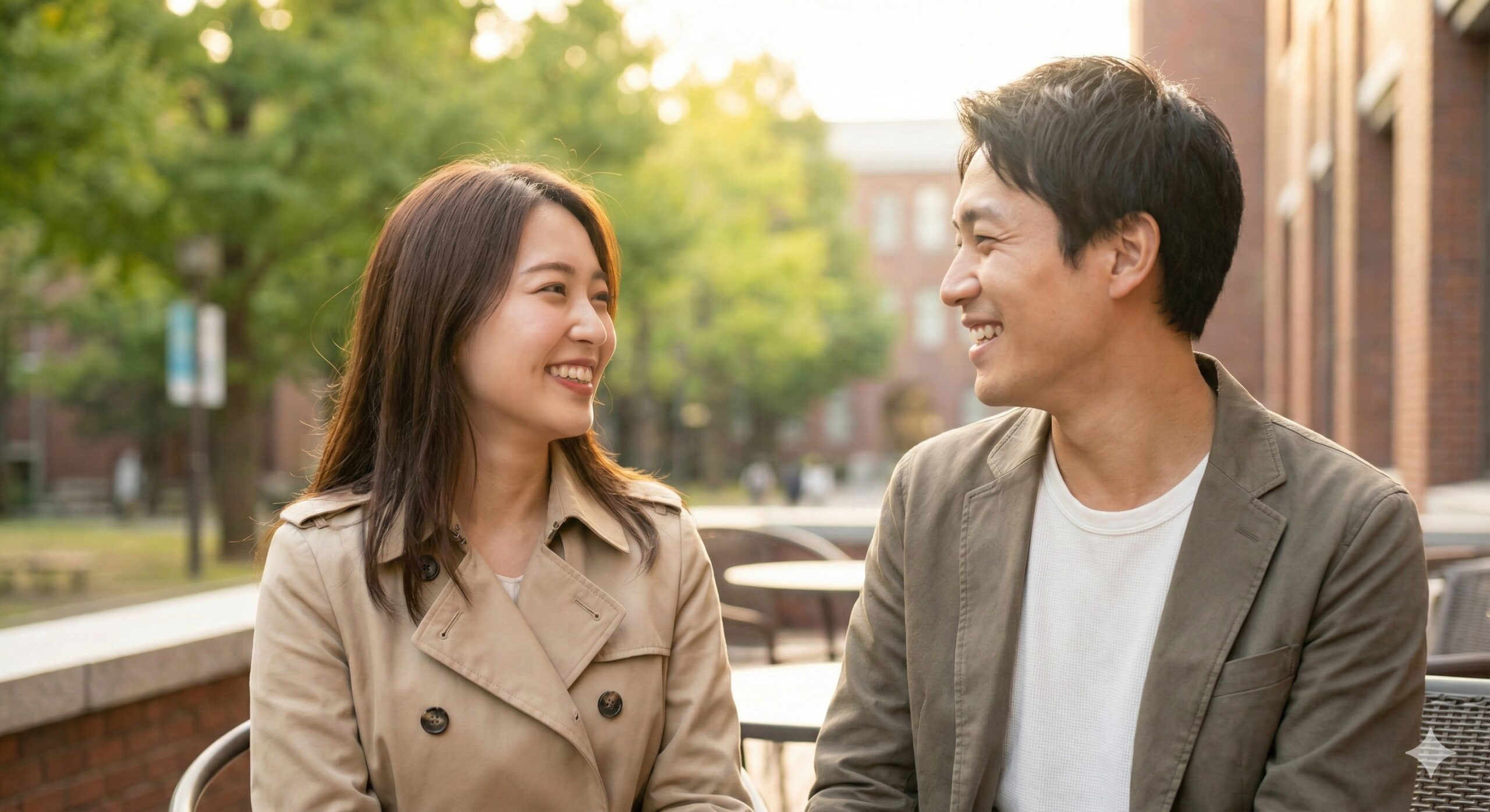 一张充满浪漫氛围与校园气息的封面图片。画面主要展示一位气质清新的韩国女留学生（穿着时尚、妆容精致）与一位日本男士在阳光明媚的大学校园或现代咖啡馆露台相视而笑的场景。背景虚化处理，透出绿树和教学楼的轮廓，光线柔和明亮，营造出初次邂逅的心动感和文化交流的积极氛围，色彩以暖色调为主，传递出‘相遇’与‘希望’的主题。
