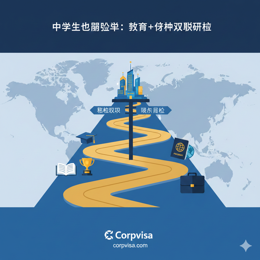 一张扁平化矢量风格与写实纹理结合的总结图，描绘“教育+身份”的双轨规划路径。画面展示了一条蜿蜒向上的道路，路标分岔为“名校录取”和“绿卡身份”两个节点，最终汇聚于顶峰的辉煌未来。路旁点缀着学位帽、护照、职业公文包等元素。整体构图简洁大气，使用Corpvisa品牌的主色调，背景为淡淡的世界地图纹理，寓意通过留学实现长期的国际化人生布局。