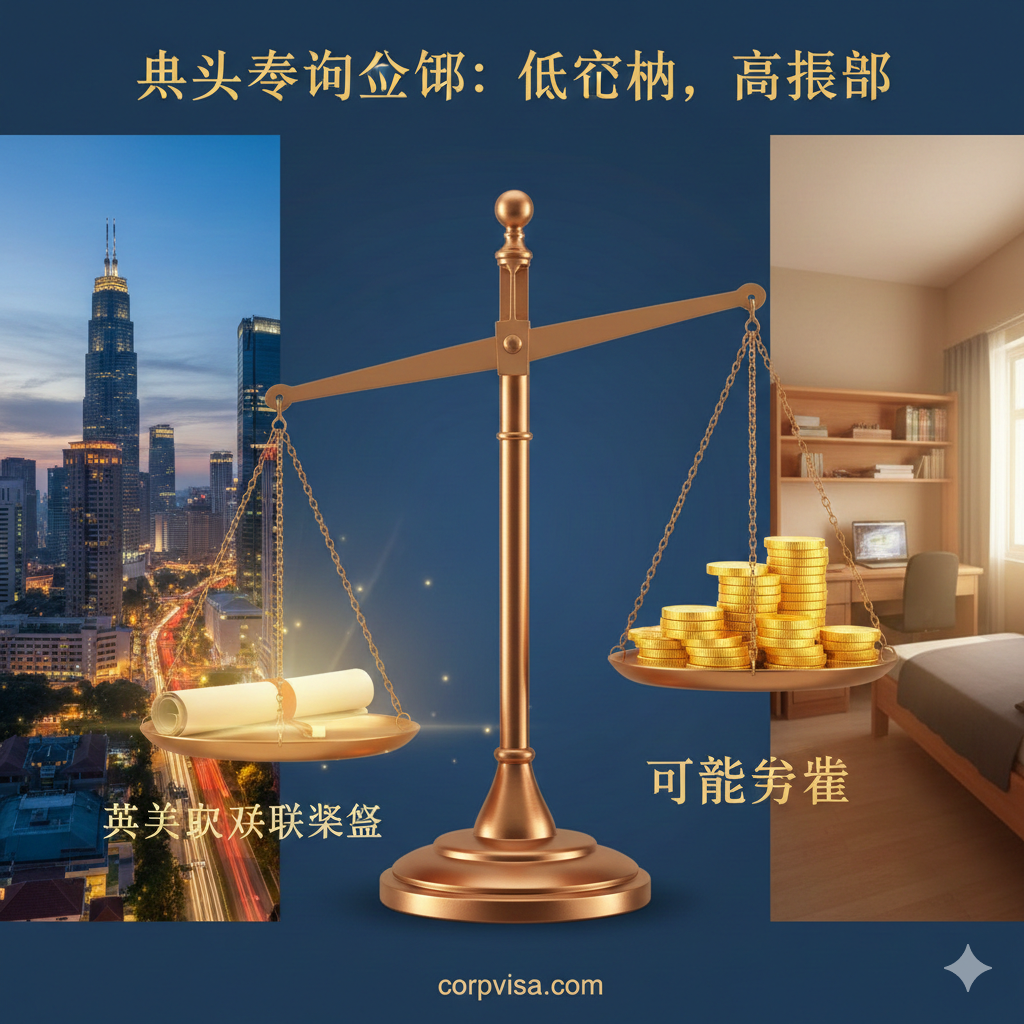 一张展示马来西亚留学优势的视觉图，重点对比性价比。画面中心是一个天平，一端是高质量的英美澳双联课程证书，另一端是象征节省支出的金币堆。背景是繁华的吉隆坡街景与舒适的学生宿舍室内图。色彩运用对比强烈的暖黄色与深蓝色，强调‘低成本、高回报’的留学优势，给人以极具吸引力的视觉冲击感。