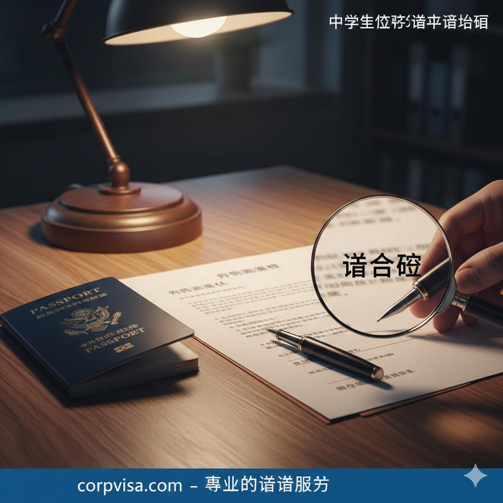 一张微距摄影风格的特写图，展示未成年留学签证申请的复杂文书工作。在实木办公桌上，整齐摆放着一本打开的护照、一份印有“Parental Consent Letter”（父母同意函）标题的文件，以及一份“Guardianship Declaration”（监护人声明）。一支精致的钢笔停放在文件签字处，旁边有一个放大镜聚焦在“Visa Compliance”（签证合规）字样上。光线采用暖色调的台灯照明，营造出专注、严谨的法律文书处理氛围，强调细节的重要性。