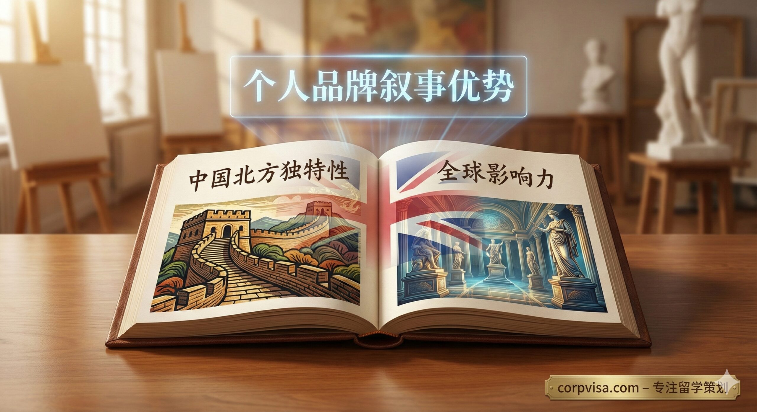 图片强调将“中国北方背景”转化为文书优势的策略。画面主体为一本打开的、带有英国国旗和中国长城意象的书本（象征文书和文化桥梁）。书页中浮现出抽象的中国北方元素（如粗犷的线条、厚重的肌理、或民间艺术的色彩）与精致的英伦艺术元素（如古典画廊的雕塑）。色彩对比鲜明，突出“独特性”与“全球影响力”，象征通过专业策划实现艺术家的个人品牌打造。