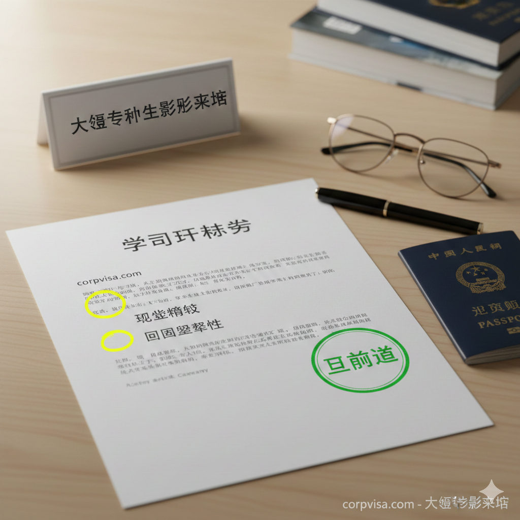 一张特写视角的桌面场景图，聚焦于一份名为'Study Plan'（学习计划书）的文件。文件旁边放置着眼镜、钢笔和一本护照。文件上用高亮笔圈出了三个核心逻辑点：'职业瓶颈'、'课程必要性'、'回国约束力'。旁边有一个显著的绿色'Approved'（通过）印章，象征专业的文书规划能战胜签证风险。光线柔和专注，营造出专业、严谨的咨询氛围。