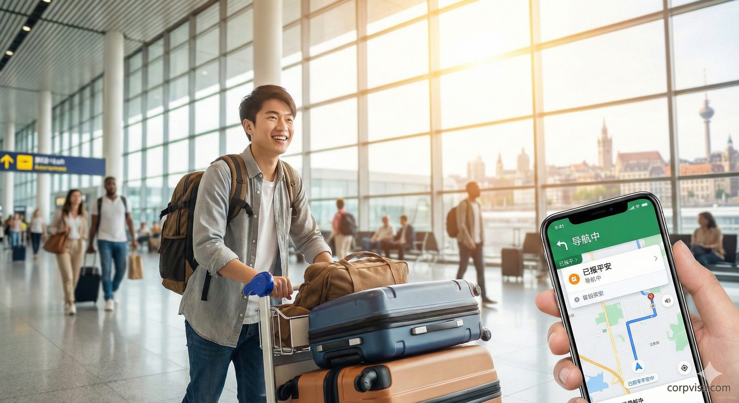 一张展示安全感与专业支持的图片。画面前景是一名背着双肩包的留学生站在充满英伦或美式风格的大学校园建筑前，表情自信轻松。在学生身侧或上方，通过半透明的UI设计元素展示盾牌图标和“24/7法律支援”的概念符号，象征着corpvisa.com提供的全方位法律保护。色调温暖而稳重，传达出“专业机构为您保驾护航，让您从容应对海外生活”的核心优势。