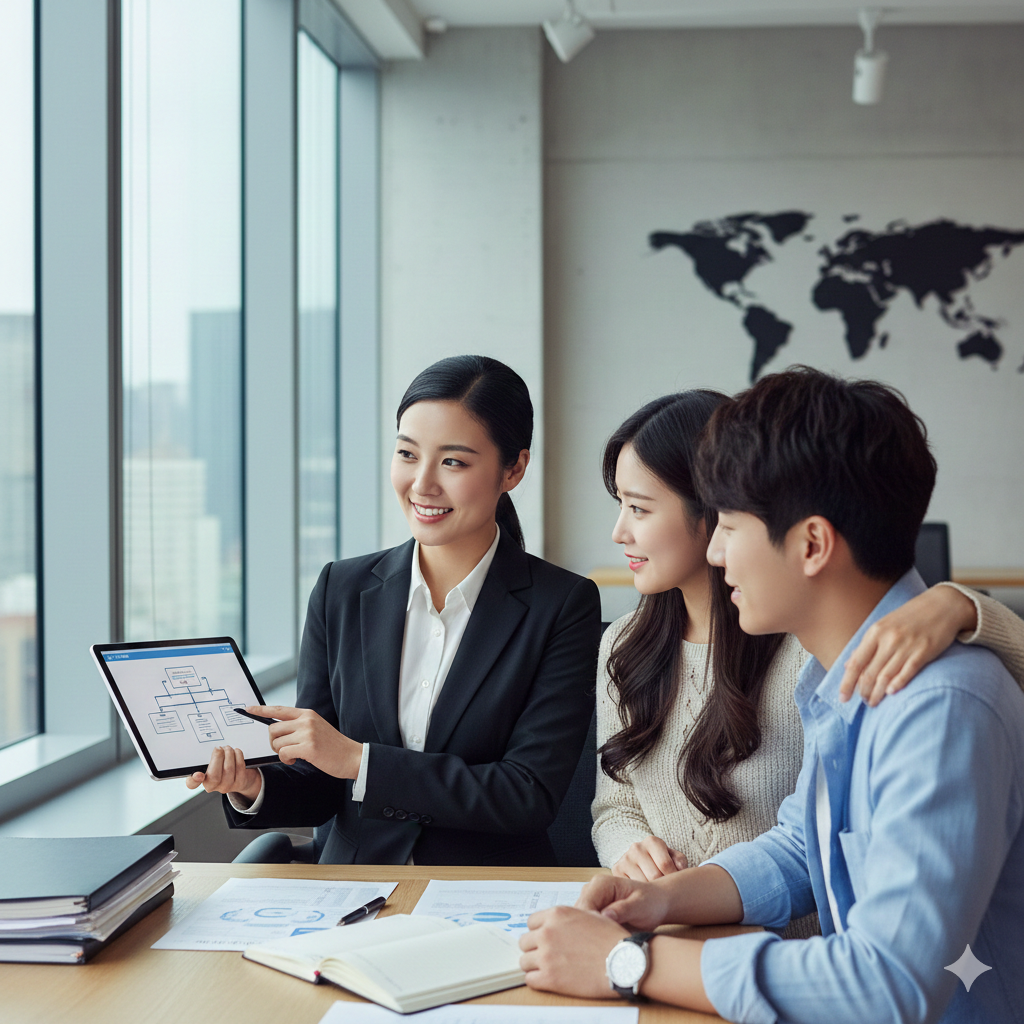 这张优势图片通过对比展示专业的咨询服务优势。画面中心是一位专业的职业顾问正在为一对年轻情侣提供建议。背景是现代化的办公环境，光线明亮，采用冷色调与暖色调结合，象征着信任与高效。构图稳重，体现出平台在处理复杂留学生事务时的专业度与高成功率。