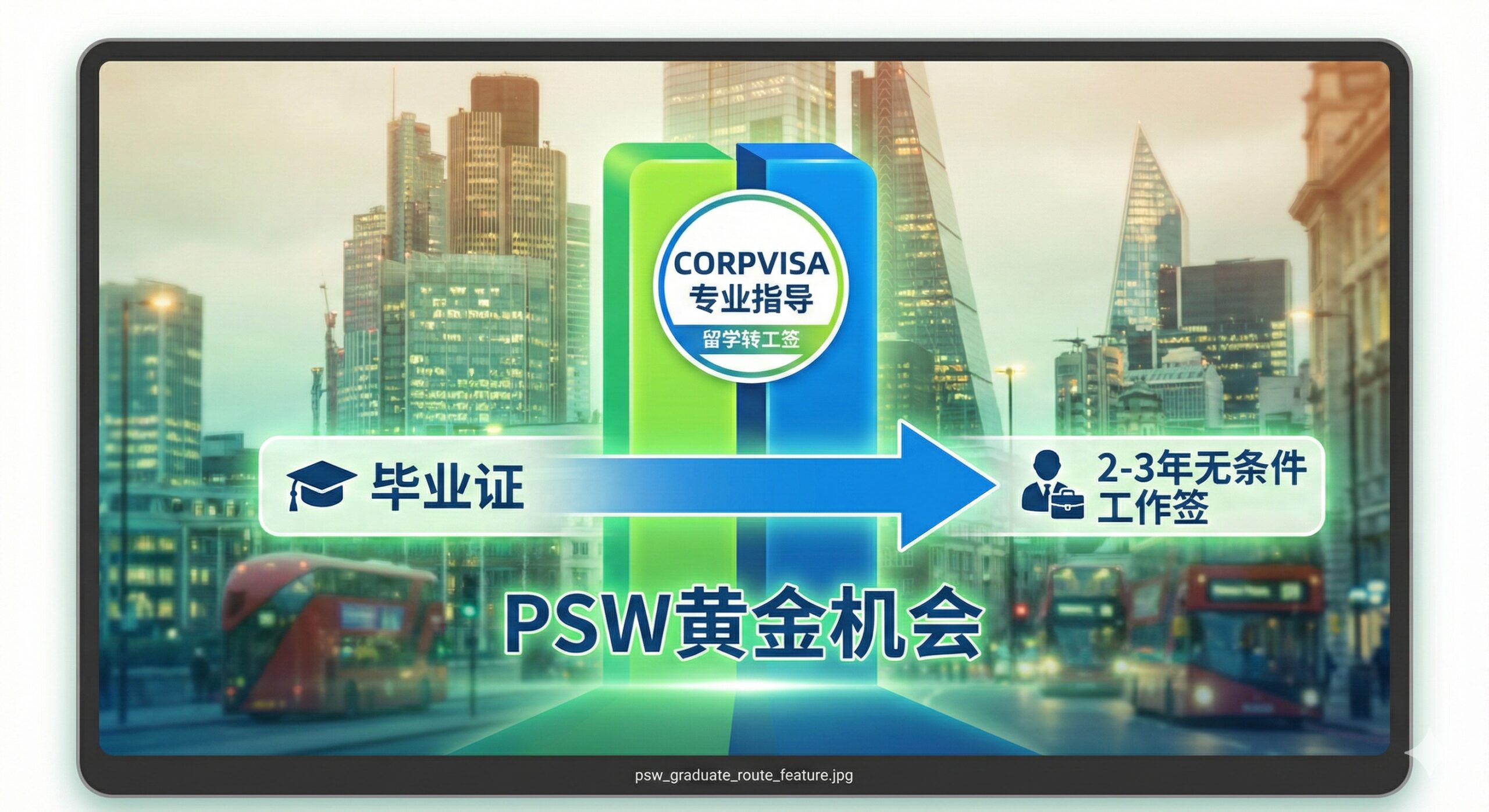 突出英国PSW签证（Graduate Route）这一核心功能点。图片主体为一个清晰的流程图或指示牌，从左侧的“🎓 毕业证”箭头指向右侧的“👨‍💻 2-3年无条件工作签”。中央是Corpvisa的品牌Logo或标志性色块，强调其专业指导。背景是充满活力的伦敦金融城景观，象征着职业机会。使用明亮的绿色和蓝色，代表希望和成功。强调“留学转工签”的关键衔接步骤，体现文章中对PSW黄金机会的解析。