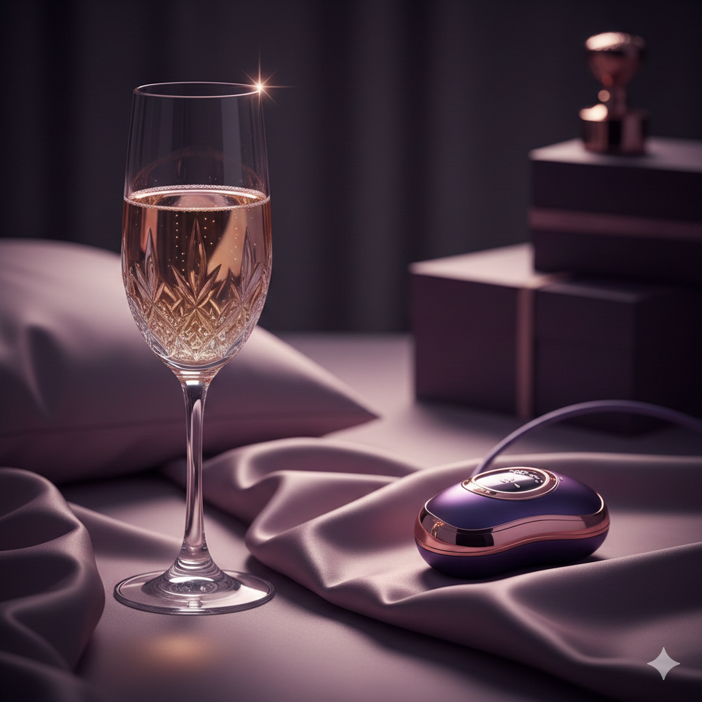 展示一种充满诱惑力的高端生活方式。画面中出现精致的香槟杯、高档丝绸床单的一角，以及若隐若现的现代科技感小巧电子设备。整体色彩采用深紫色和玫瑰金的搭配，光影错落有致。构图侧重于细节特写，通过高级感十足的物件暗示主题中的情趣与诱惑元素，风格保持高级、神秘且极具质感，符合富二代与留学生的背景设定。