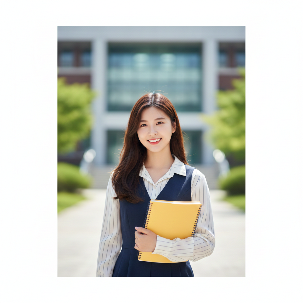 这张封面图片展现一名拥有高颜值的甜美韩国女留学生在充满现代感的大学校园背景下。她身着时尚的韩式休闲装，笑容灿烂，展现出青春活力。背景包含模糊的图书馆建筑和绿植，采用浅景深构图。色调清新自然，阳光柔和，突出人物的清纯气质与留学生生活的积极面貌。