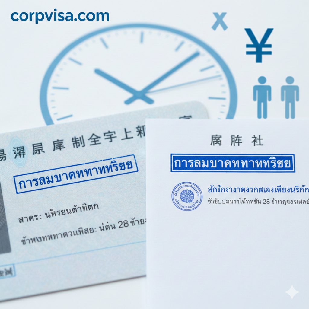A feature illustration or infographic-style photo showing a Japanese Immigration Bureau (出入国在留管理庁) official document and a residence card with the 'Permission to engage in activity other than that permitted under the status of residence previously granted' stamp clearly visible. The style is professional and clean, using a color palette of blue and white to evoke trust and legal authority. Close-up shot with a shallow depth of field focusing on the legal stamp.