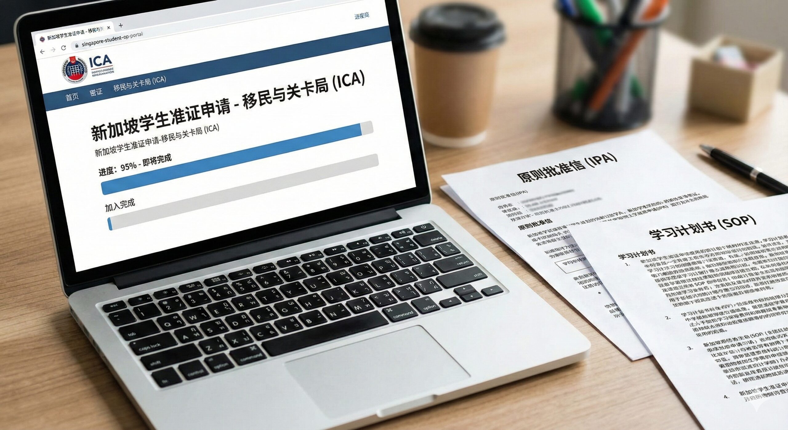 聚焦于签证申请过程的特写图，强调专业性与细节。画面中心是一台笔记本电脑屏幕，显示着ICA（新加坡移民局）的学生准证（Student Pass）申请界面，进度条即将加载完成。旁边放着一份打印好的IPA批准信（In-Principle Approval）和一份精心撰写的学习计划书（SOP）。画面采用微距摄影风格，背景虚化，重点突出文件审核的严谨性，暗示拒签风险规避的重要性。