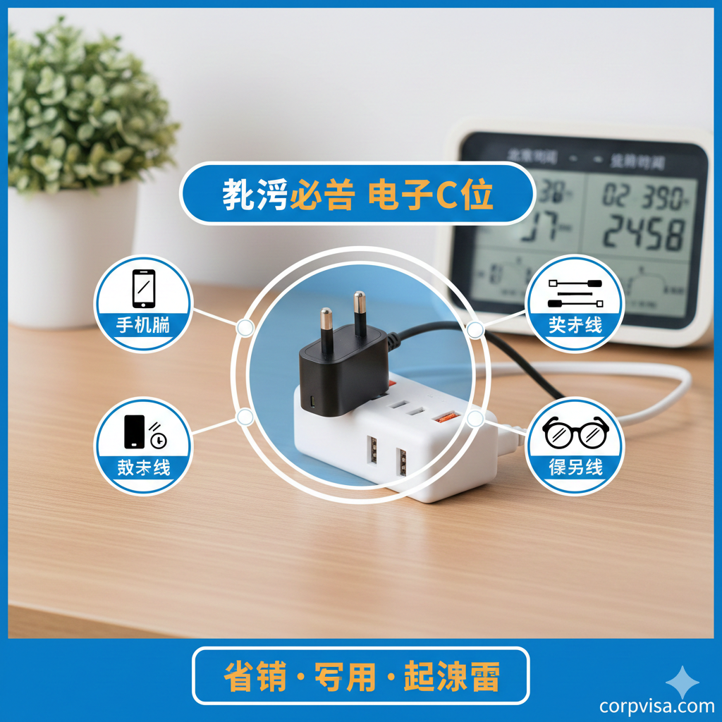 用于展示实用生活用品清单中的“取舍与必备”优势，特别是强调电子产品的性价比好物。画面应展示一个全球通用转换插头和带USB口的插线板，作为“留学必带物品之首”的视觉中心。周围可以有几个高性价比的小物品图标，如手机膜、数据线、备用眼镜。背景应是简洁的木纹桌面或一个有国际时钟的场景，暗示跨国使用的便利性。色彩明亮、实用，突出电子产品的现代感和工具性，体现“省钱、实用”的优势。