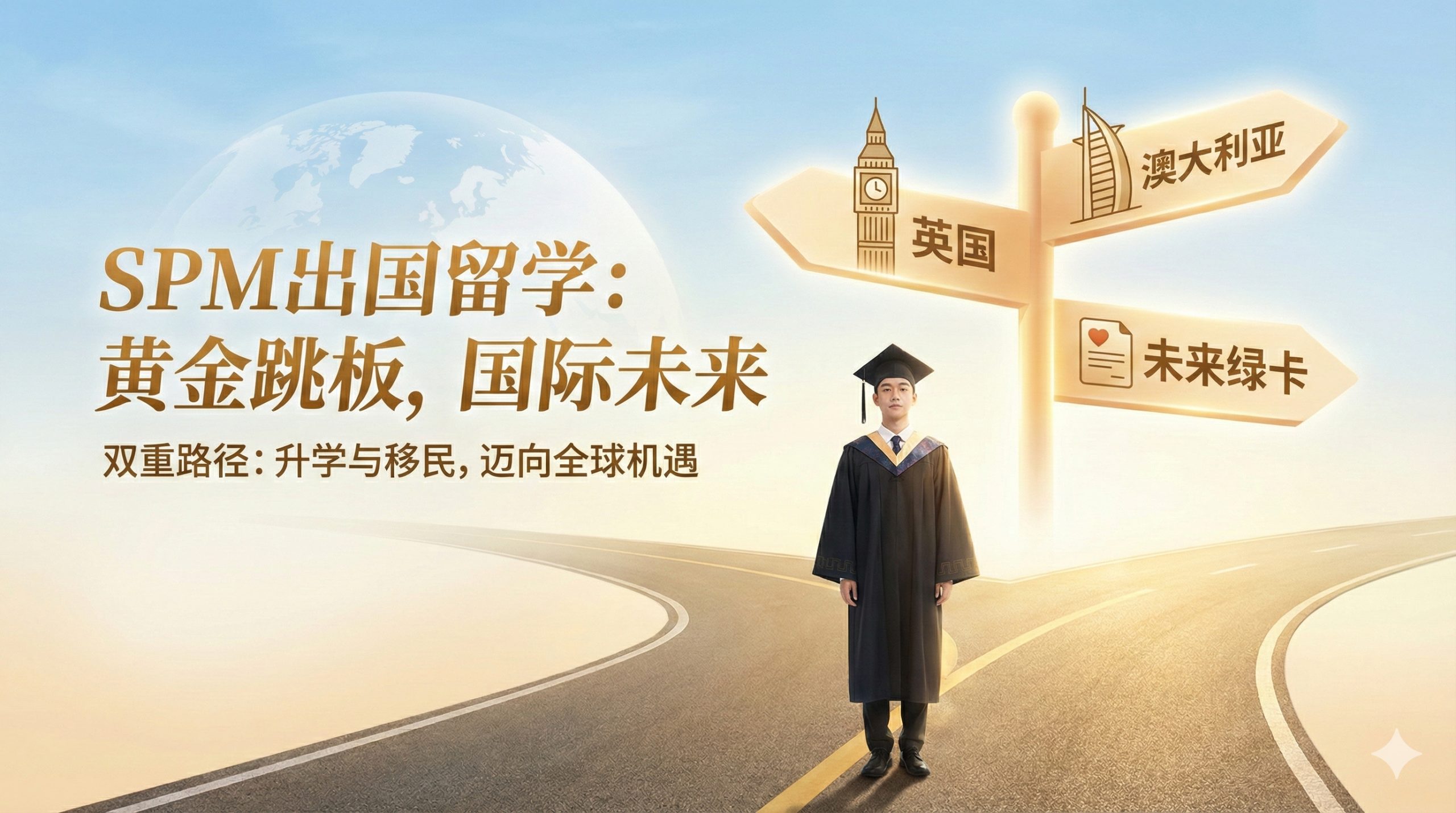 设计一张富有希望和国际感的封面图。主体是一个身着学士服的亚洲青年（代表SPM毕业生），他站在一个巨大的十字路口前，路标指向'英国（Big Ben）'、'澳大利亚（Sydney Opera House）'和'未来PR绿卡（Permanent Residence Card icon）'。背景是柔和的蓝天和地球仪的虚影。整体色彩明亮，使用金色和蓝色调，象征黄金跳板和国际化教育，视觉上强调'升学'与'移民'的双重路径。