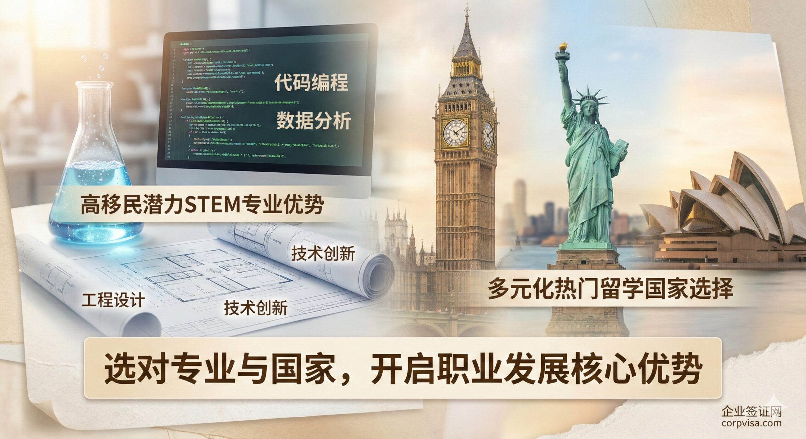 一张聚焦于STEM专业优势与多元化目的地的拼贴风格图片。画面左侧展示了实验室烧瓶、代码屏幕和工程图纸，代表高移民潜力的STEM专业；右侧则巧妙融合了英国大本钟、美国自由女神像及澳洲悉尼歌剧院的虚化背景，象征热门留学国家的选择。光线明亮柔和，传递出知识与机遇并存的氛围，强调选对专业和国家对于未来职业发展的核心优势。