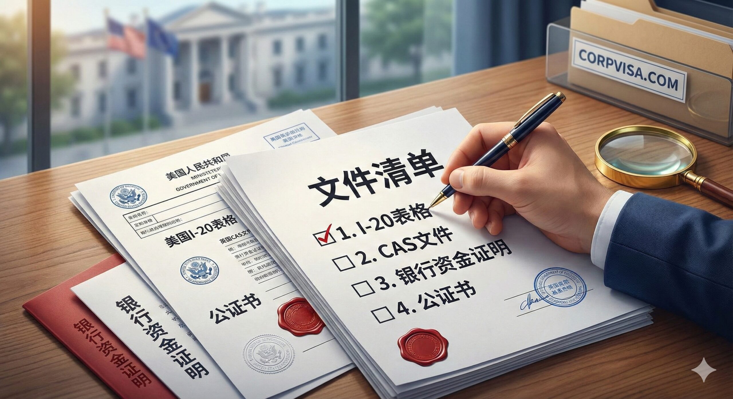 一张特写视角的图片，聚焦于法律合规与文书准备。画面展示了一叠整齐的申请材料，包括I-20表格、CAS文件、银行资金证明和公证书。一只穿着职业西装袖口的手正拿着笔在“文件清单”上打勾，旁边放着一个象征审核的放大镜。背景虚化，隐约可见领事馆或办公环境，光线强调纸张的质感和官方印章的细节，体现corpvisa.com在签证法律服务方面的严谨性和权威性。